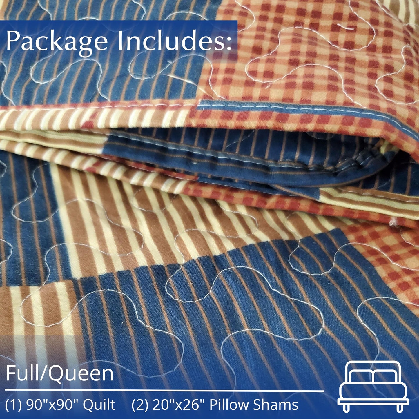 Virah Bella 3 Piece Queen Cabin Quilt Bedding Set - Mountain Cabin Blue - Rustic Country Reversible Patchwork Comforter Set with Decorative Pillow Shams, Blue/Tan