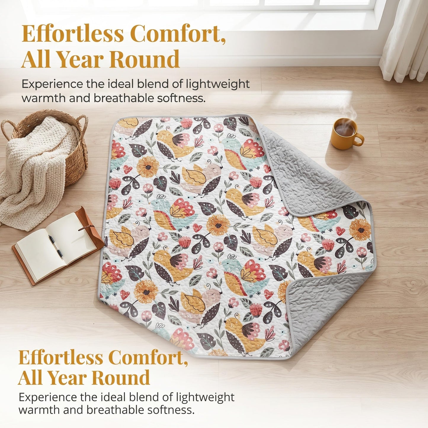 SANOCAY Boho Floral Quilt Set King Size, 3 Piece Lightweight Summer Bedding Set with 2 Pillow Shams, Soft Reversible Microfiber Bedspread, Farmhouse Coverlet for All Season (Bird, King)