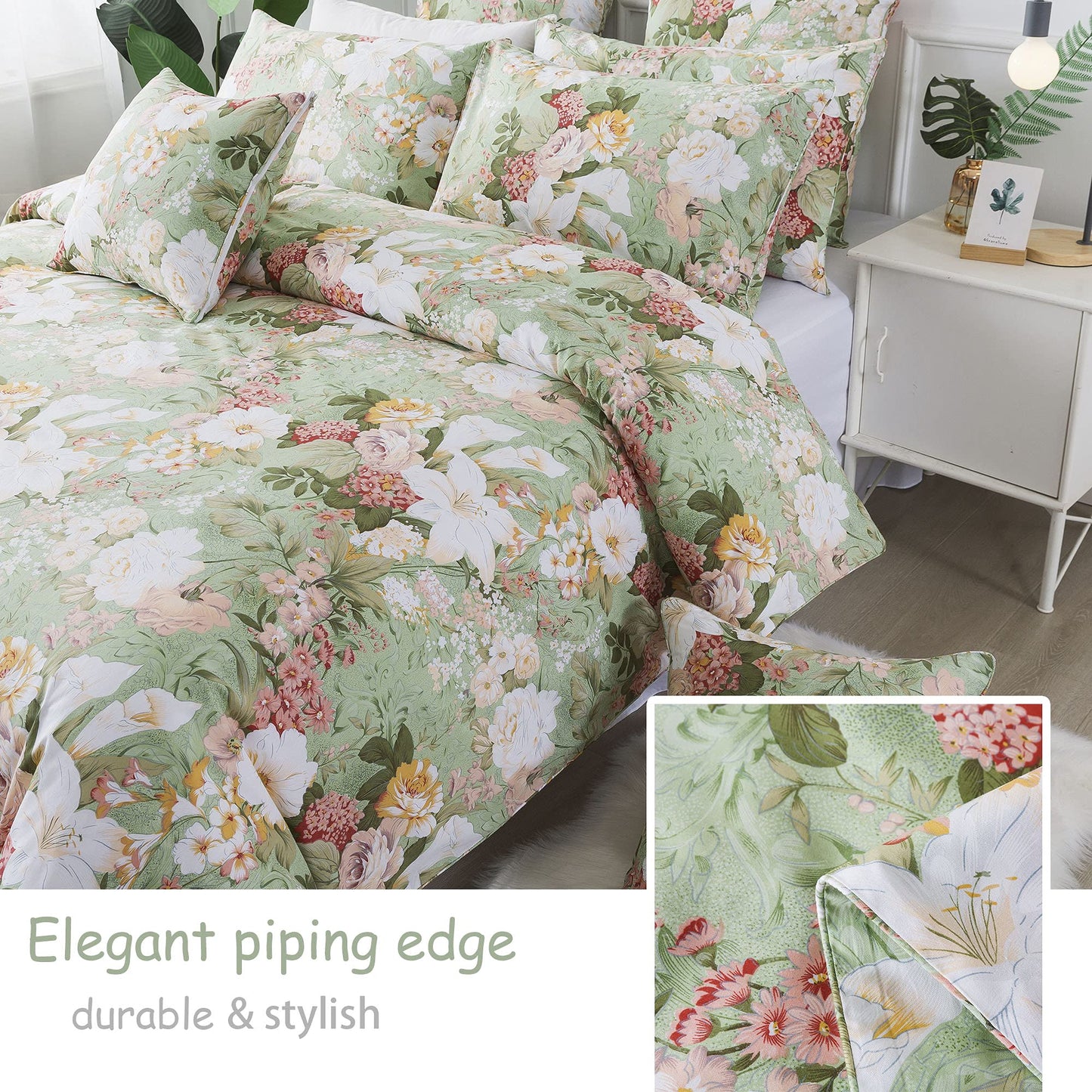 FADFAY Floral Duvet Cover Set Full 100% Cotton Girls Bedding 600 TC Mint Green and White Flower Elegant Lily Printed Comforter Cover Zipper Corner Ties Soft Bed Cover 3 Pcs
