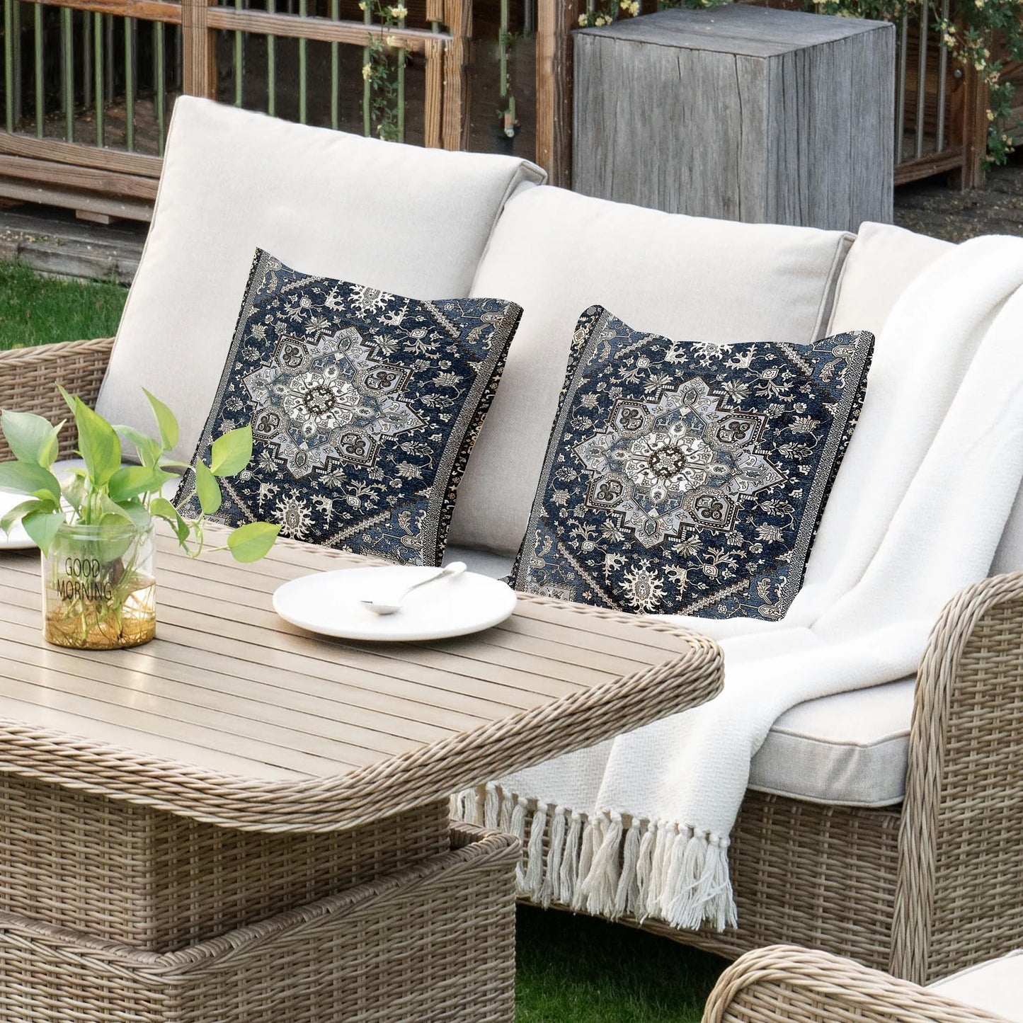 ZSYTZL Boho Throw Pillow Covers 18x18 inch Set of 2,Linen Bohemia Carpet Pattern Decorative Living Room Sofa Bed Square Pillow Case Cushion Cover-Sapphire Blue