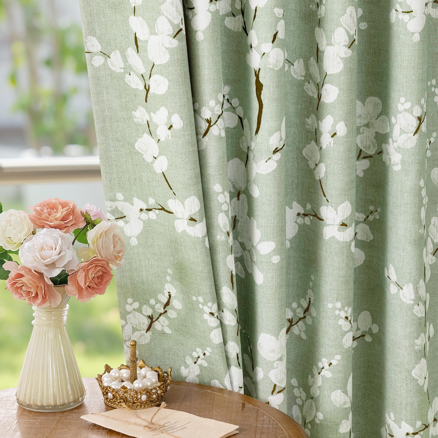 FMFUNCTEX 100% Blackout Floral Curtains for Bedroom, Sage Green Curtains 63 inch Length Blossom Patterned for Living Room, Thermal Insulated Farmhouse Drapes, Grommet Top 2 Panels (White on Green)
