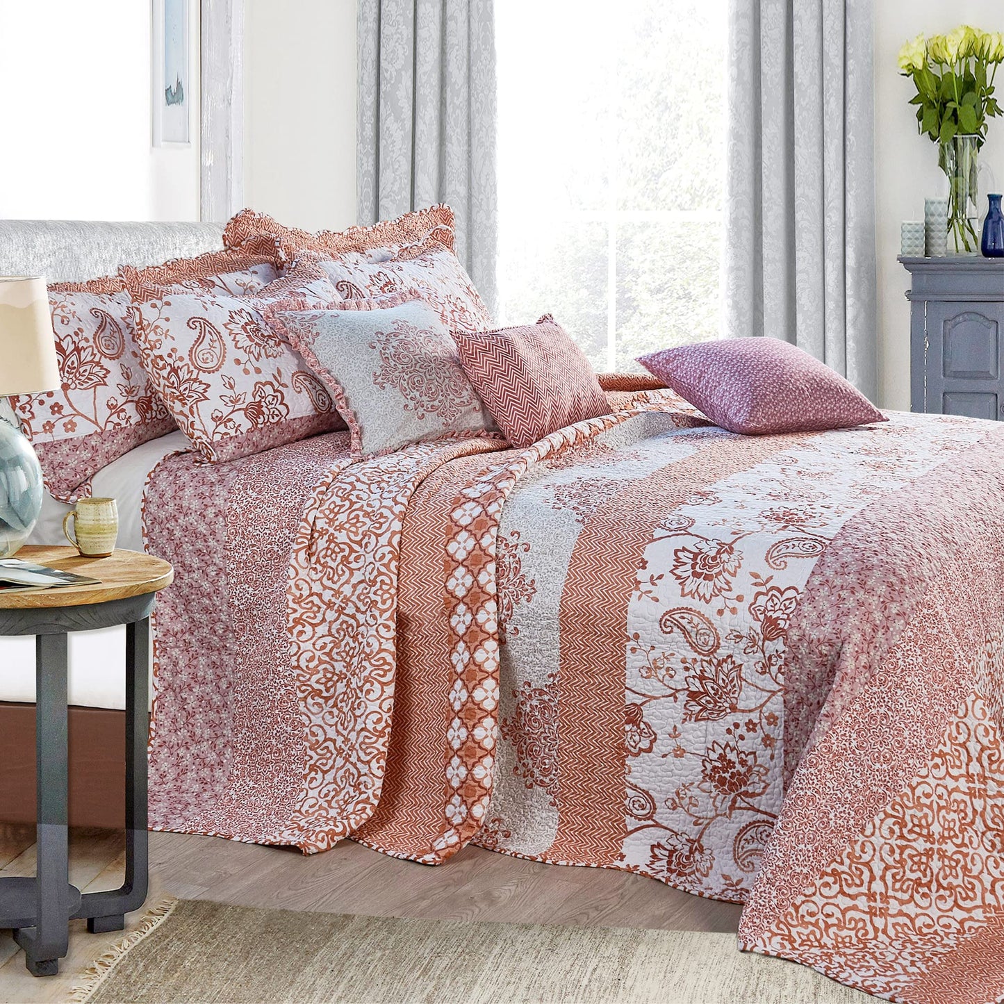 Home Soft Things 9-Piece Oversized King Bedspread Set - 122” x 106” Lightweight Reversible Microfiber Quilt Coverlet Bedding - All Season Farmhouse Chevron & Floral Scroll - Coral Orange/Off-White