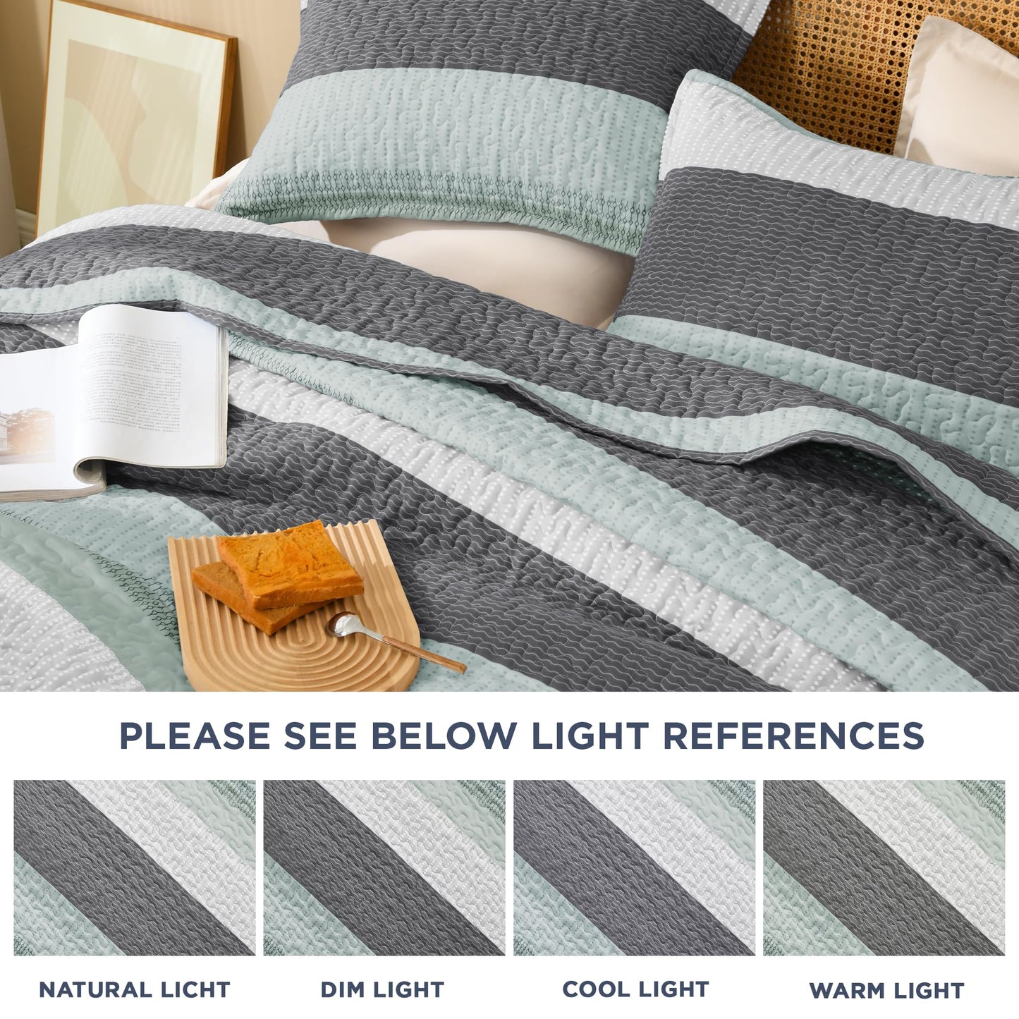 Litanika Quilt King Size Sage Green, Stripe Patchwork Summer Bedspread Coverlet 3 Pieces, Soft Lightweight Polyester Quilted Bedding Set for All Season(1 Quilt, 2 Pillowcases)