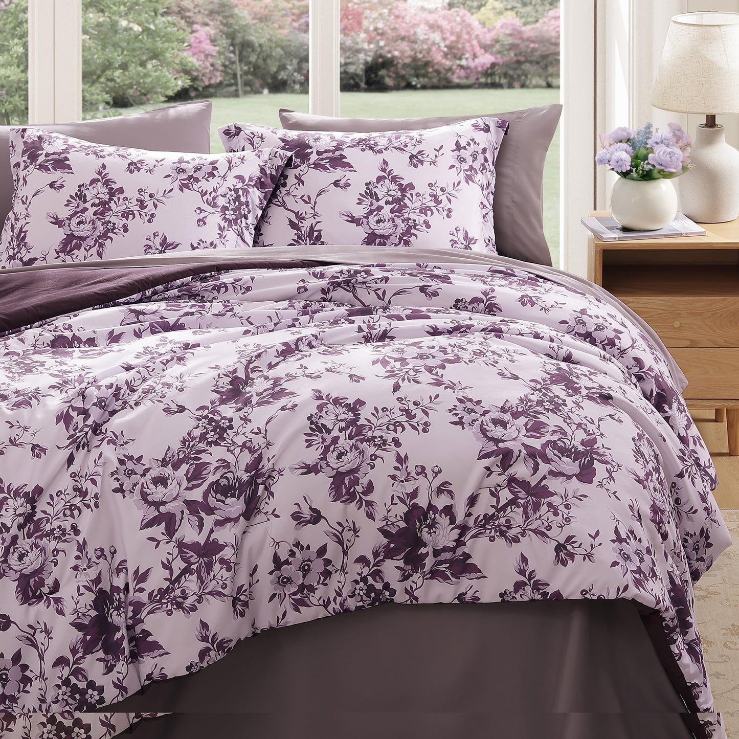 BLOOMHAVEN Queen Comforter Set -7 Pieces Deep Purple Floral Comforter Set for All Seasons, Bed in a Bag Queen with Botanical Flowers Comforter, Sheets, Pillowcases & Shams