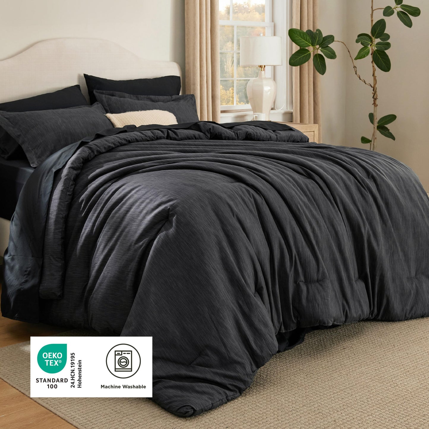 Bedsure King Size Comforter Set Black - Bed in a Bag King Bedding 7 Pieces, Cationic Dyed Bed Set Gift for Family, Black Soft Bedding for All Seasons Comforter with Sheets, Pillowcases & Shams