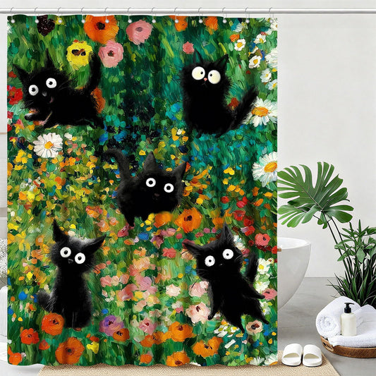 mutakin Funny Black Cats Shower Curtain Vintage Wildflowers Shower Curtains for Bathroom Waterproof Fabric Bath Curtain Decor with Hooks