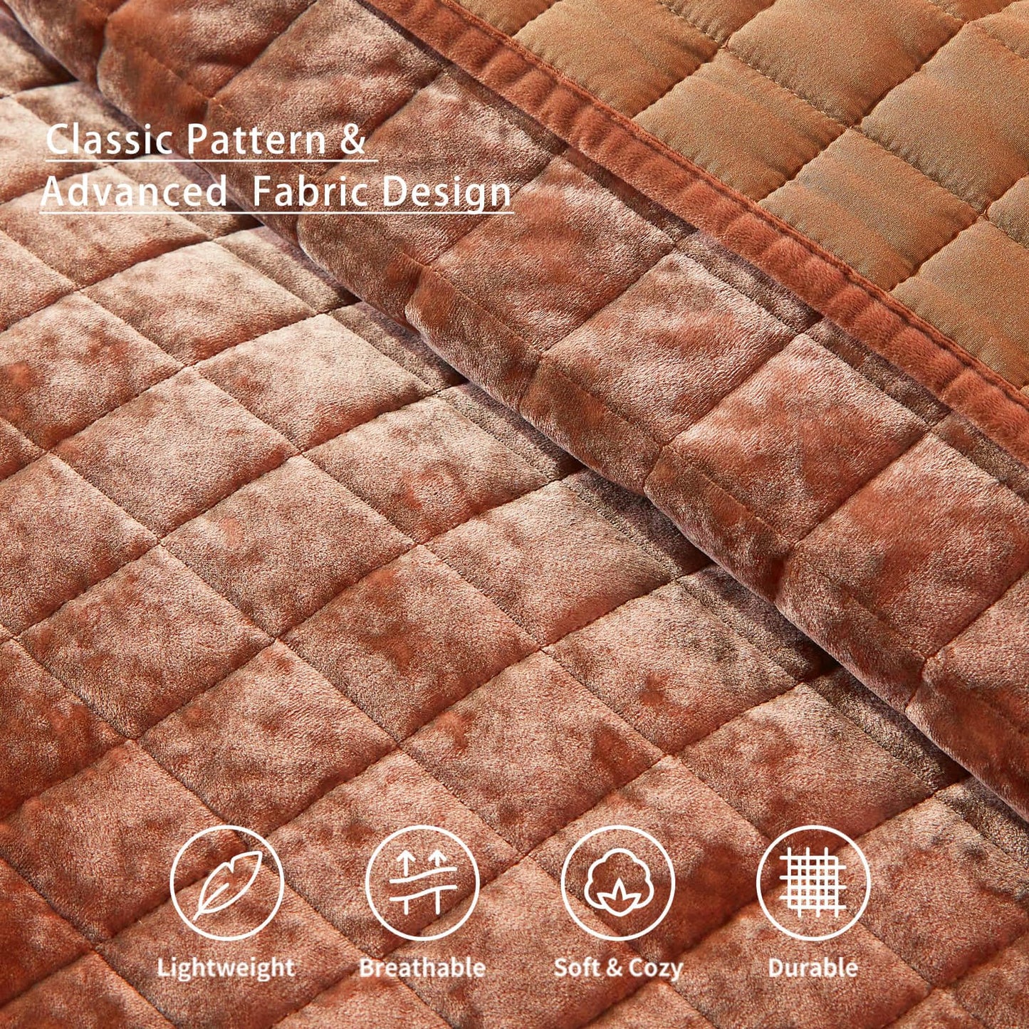 LEAONME Velvet Quilt California King-118''x106'', Lightweight Burnt Orange Velvet Comforter Set with 2 Pillow Shams, Soft Oversized Bedspread Coverlet Quilted Bedding Set for All Season