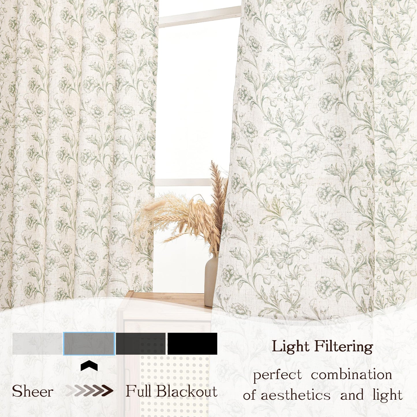 XWZO Green Floral Curtains 84 Inch Length Farmhouse Linen Curtain for Living Room Vintage Flower Botanical Patterned Curtains Rod Pocket Back Tab Bedroom Window Drapes Set 2 Panels