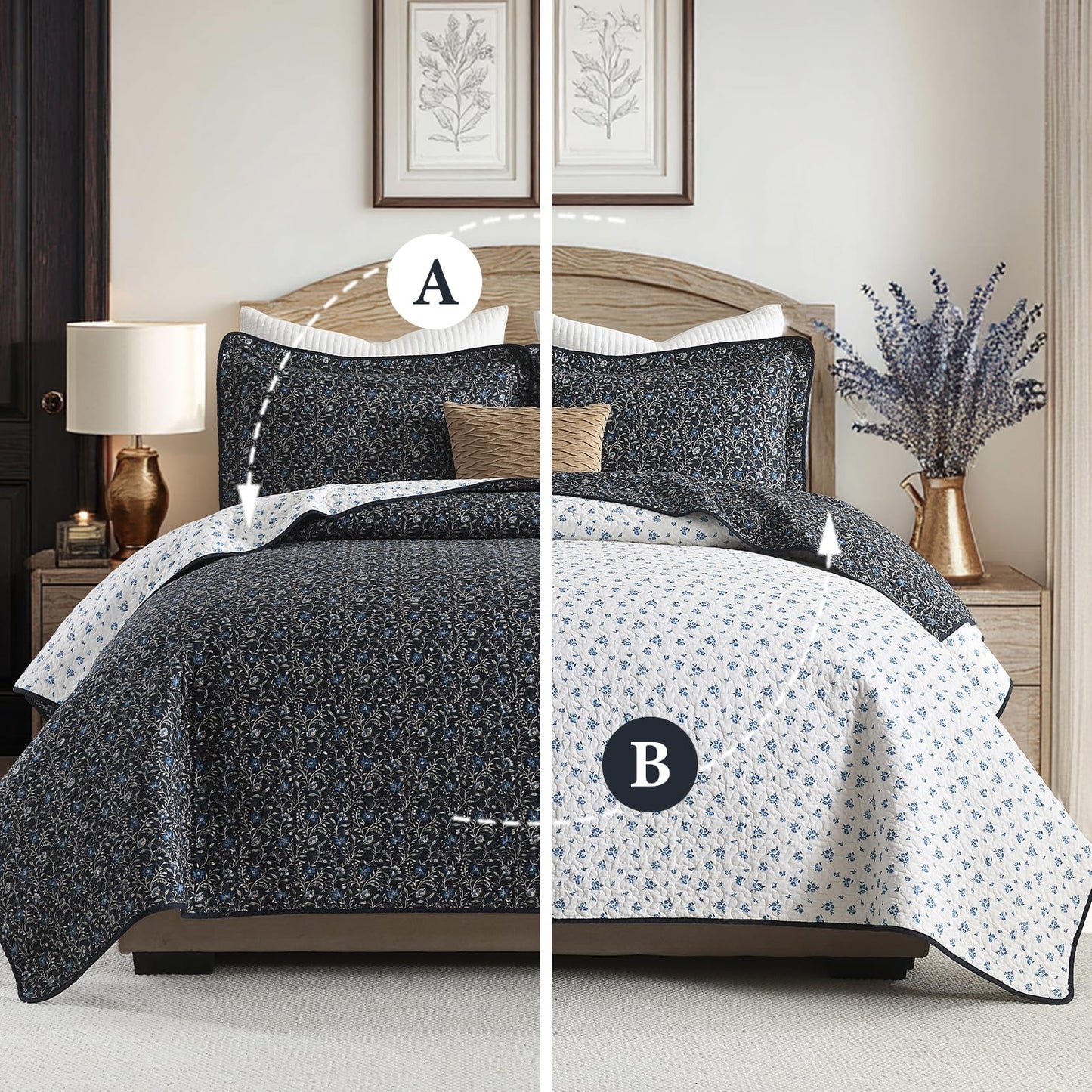 DDUOXIN Botanical Queen Quilt Set - 100% Cotton Reversible Plant Floral Quilts with 2 Pillow Shams, Curling Leaves Lightweight Bedspread Bedroom Bedding for All Seasons, Navy Blue/Blueberry/Bluesteel