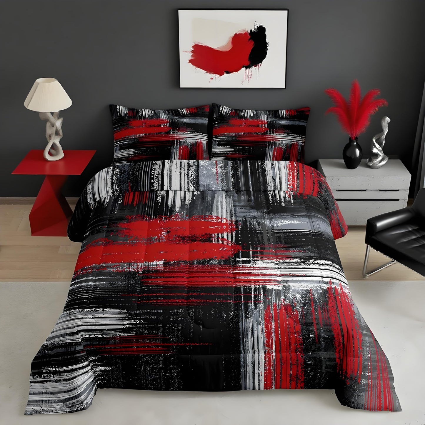 Feelyou Red Black and Grey Comforter Geometric Artistic Smear Comforter Set Abstract Graffiti Art Bedding Set Contemporary Modern Brush Design Duvet Set Room Decor Quilt Set Twin Size