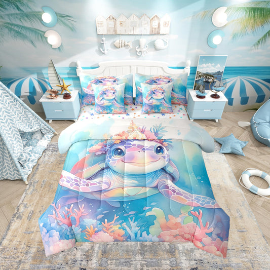 Erosebridal Kids Tortoise 7 Pieces Bedding Set Full Size, Ocean Animal Comforter Set with Sheets for Bedroom, Underwater World Sea Animal Bed in A Bag, Watercolour Coral Bedroom Decor