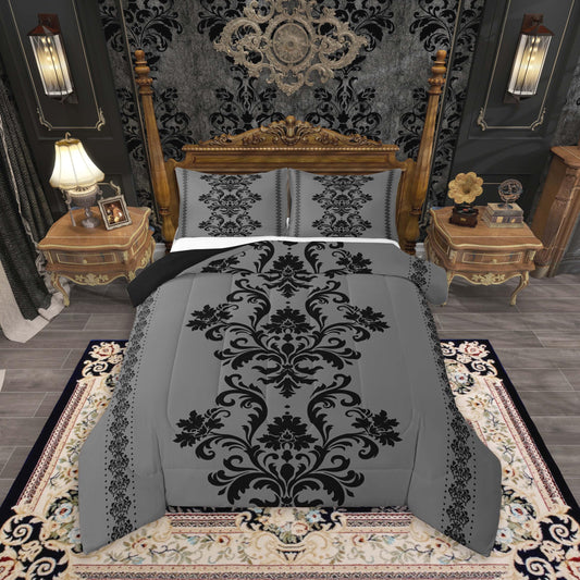 jejeloiu Queen Size Black Grey Damask Print Bedding Set for Kids Boys Girls Gothic Vintage Comforter Set Jacquard Floral Duvet Quilt Bedroom Decor Soft Lightweight Microfiber 3Pcs