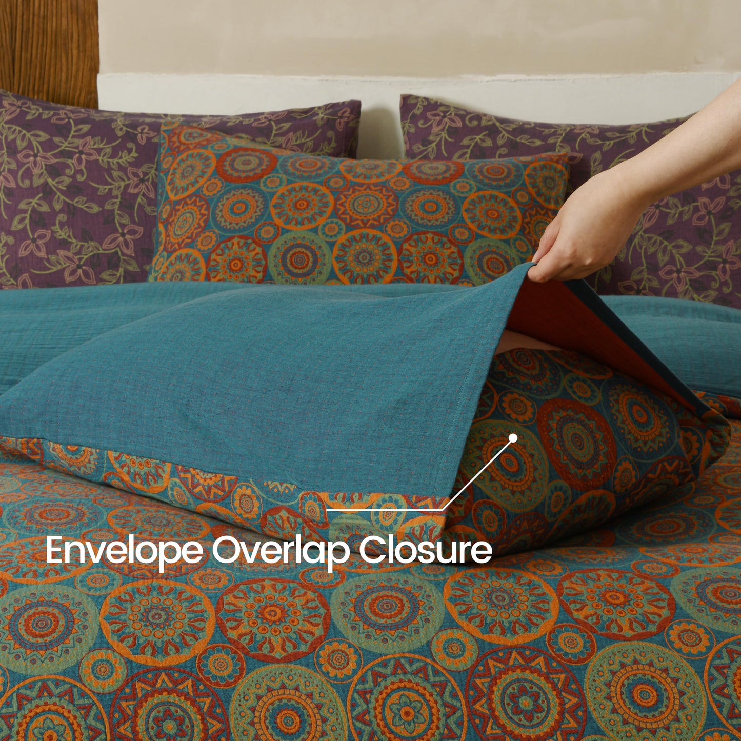 BISELINA 100% Cotton Muslin Duvet Cover Set Queen, 3 Pcs Yarn-Dyed Jacquard Textured Vintage Kabyle Pattern, Soft and Breathable Bedding Set with Zipper Closure, Kabyle Blue Orange