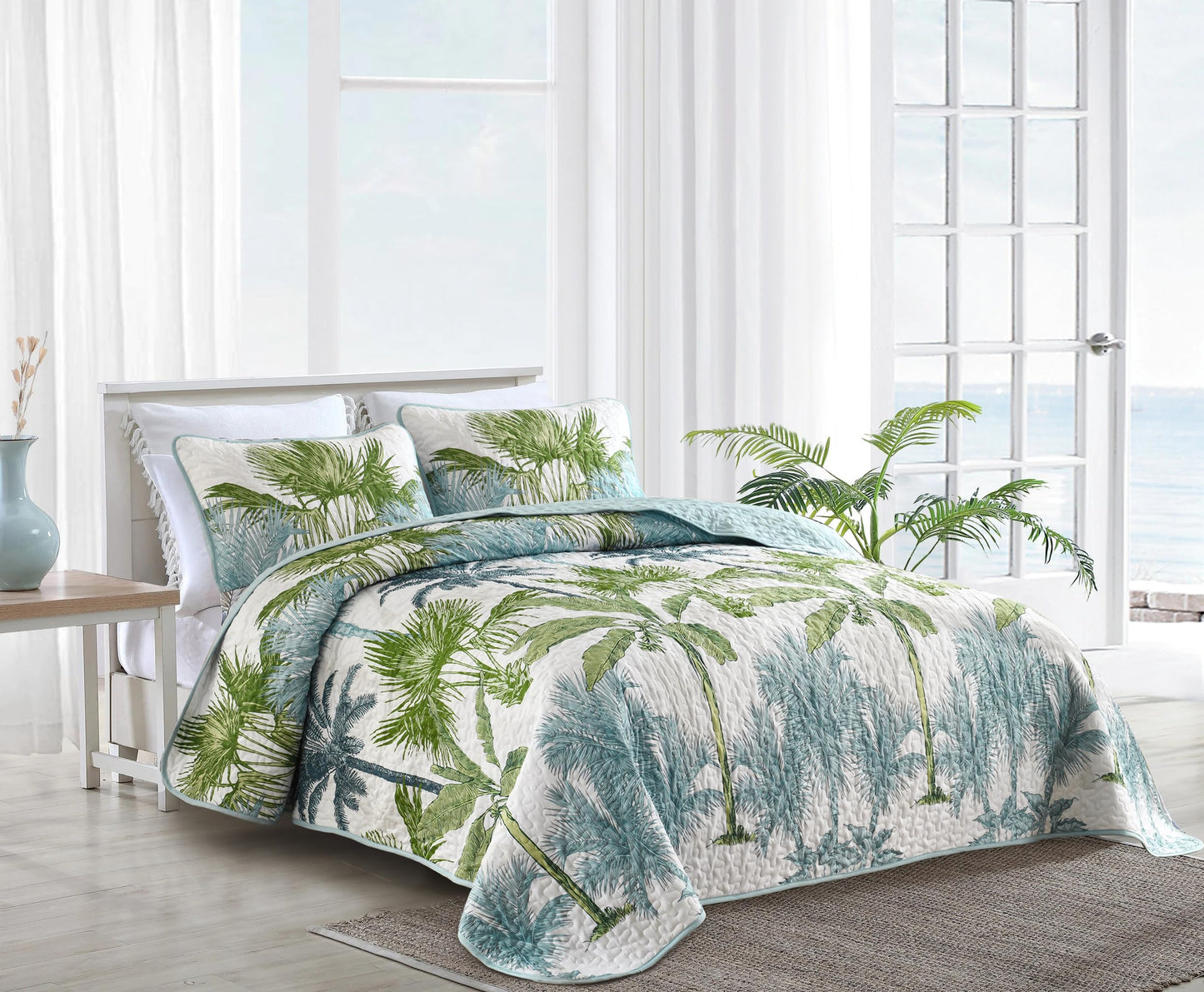 Luxudecor Tropical Plants Quilt Set Queen Size 3 Pieces Green and Blue Palm Botanical Bedspread Rainforest Style Bedding Set Soft Lightweight Bed Cover All Season 96"x90"