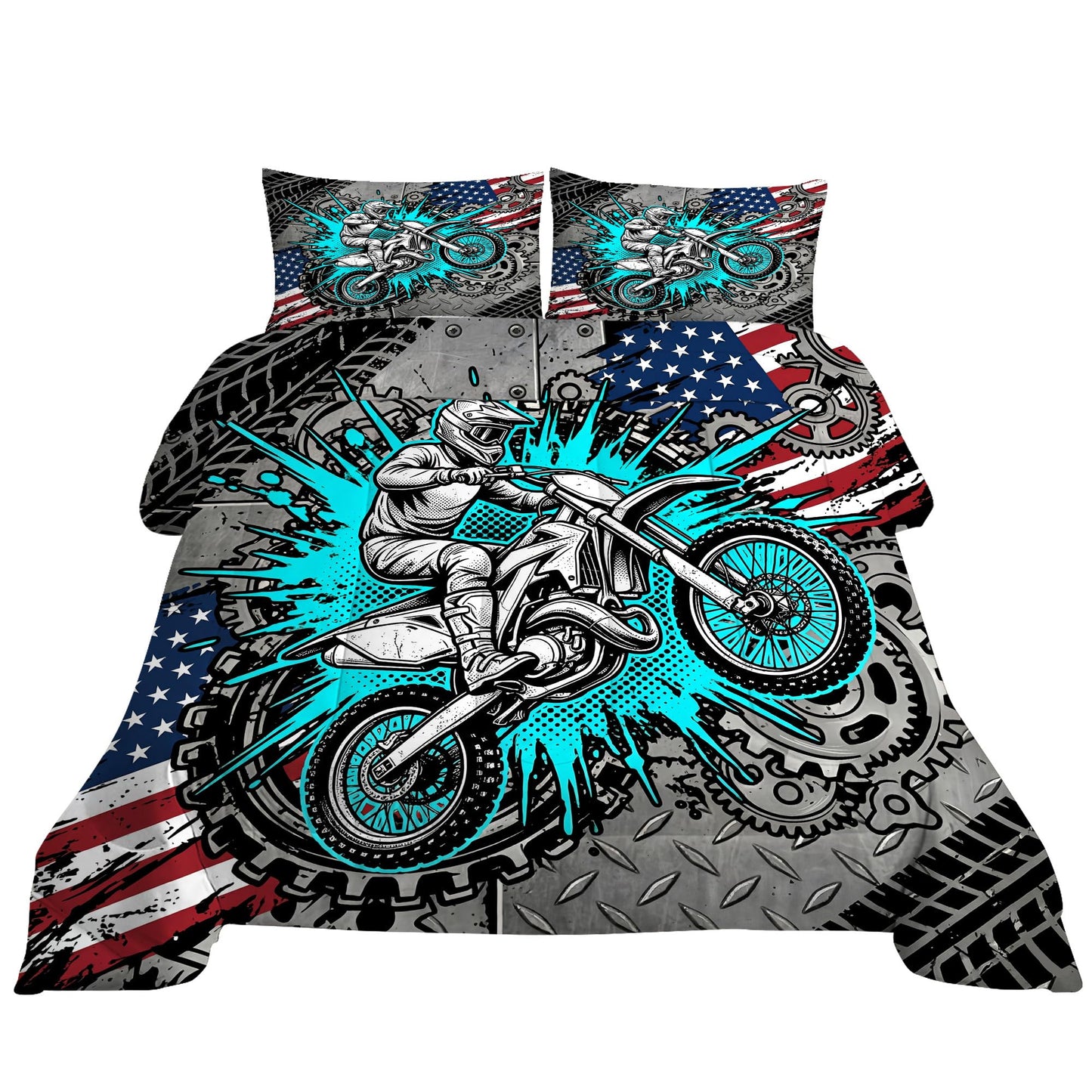 VTKON Motorcycle Comforter Set for Teens Queen 3Pcs with 1 Comforter and 2 Pillowcases Cool American Flag Bedding Boys Cool Bed Set Microfiber for All Season