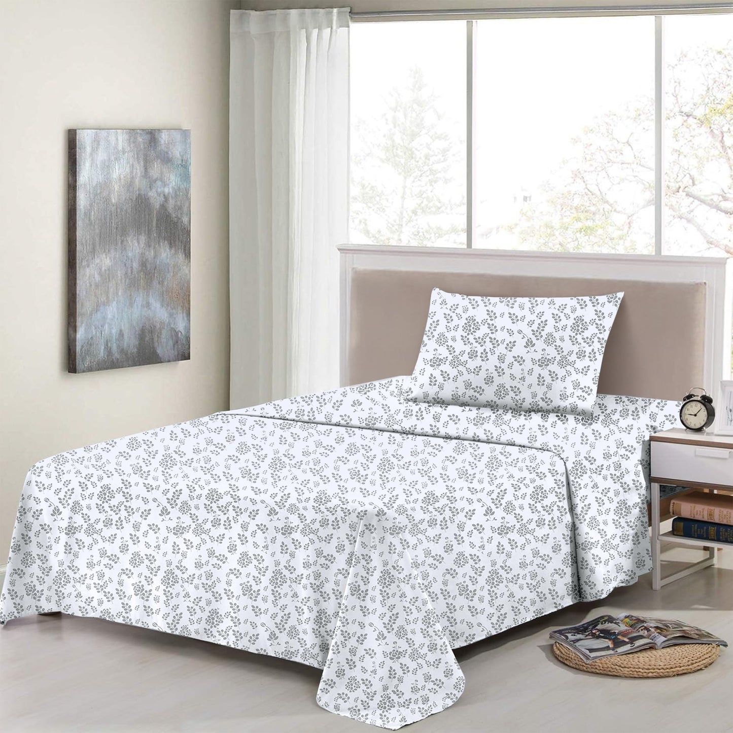 LUX Décor Floral Twin Sheet Set - 3 Piece Ultra-Soft Microfiber Bed Sheets with Flat Sheet, 16 Inches Deep Pocket Fitted Sheet & Pillowcases, Breathable, Bedroom Decor, Oeko-TEX - White Grey
