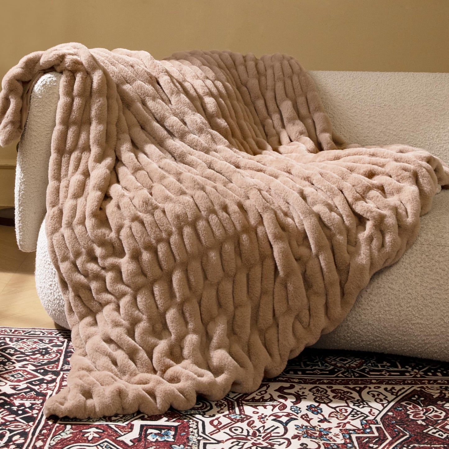 blunique Faux Rabbit Fur Throw Blanket, Soft Plush Cozy Blanket for Couch Bed, Thick Fluffy Ruched Decorative Blanket, Giftable,50"x60",Light Brown