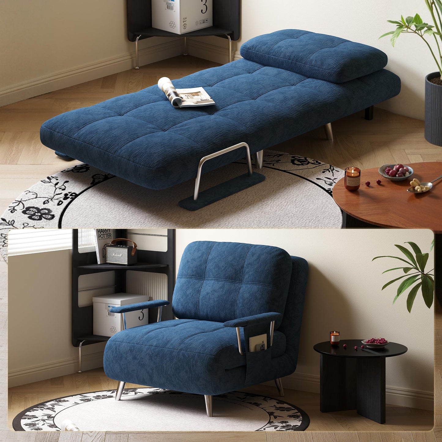 Vakdle 5-in-1 Chenille Convertible Sofa Bed with 5-Position Adjustable Backrest Sleeper Sofa Chair with Armrest Storage Pocket Mid-Century Style Sleeper Chair for Living Room
