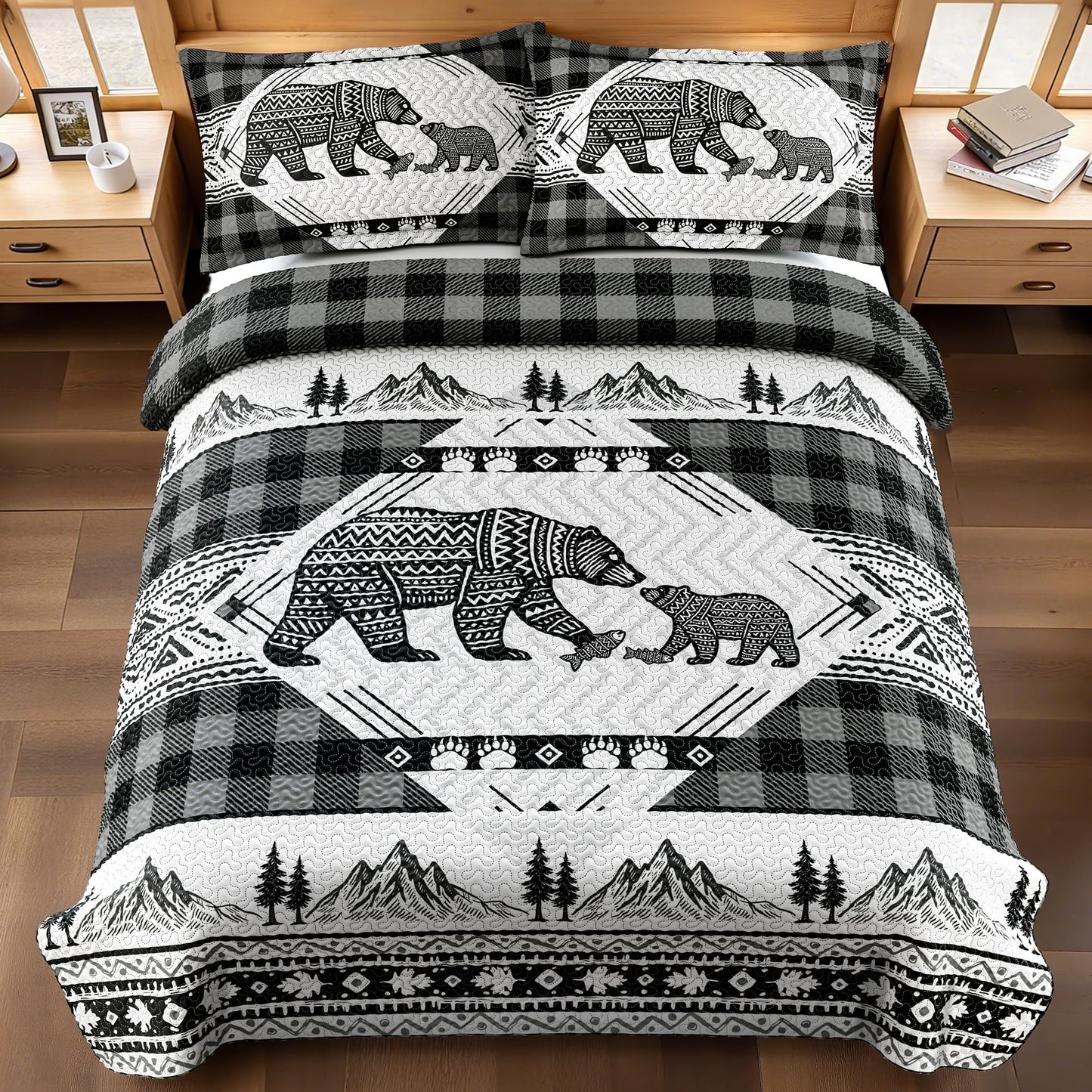 3 Piece Cabin Full/Queen Quilt Sets Farmhouse Rustic Reversible Microfiber Soft Lightweight Bedspread Comforter with 2 Shams Patchwork Country Lodge Bedding Quilts Set for All Season, 90''x96'' , Grey