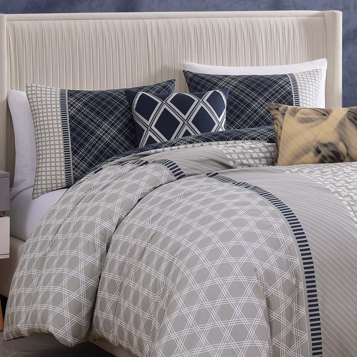 Bebejan Vertigeo 5 Piece Comforter Set, 100% Cotton Sateen, 220 Thread Count, Navy Blue, Geometric Reversible Bedding Comforter Set, 1 Comforter, 2 Shams & 2 Pillows (King/Cal King)