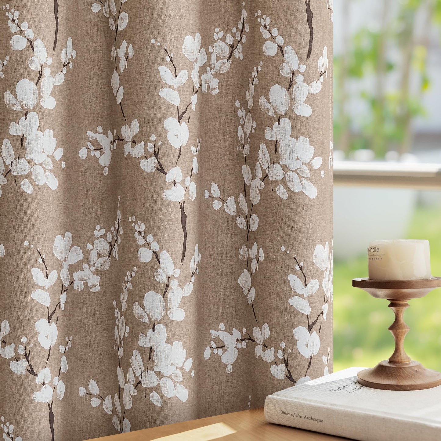 FMFUNCTEX 100% Blackout Floral Curtains for Bedroom, Taupe Curtains 84 inches Long Blossom Flower Patterned for Living Room, Thermal Insulated Farmhouse Drapes, Grommet Top 2 Panels (White on Brown)