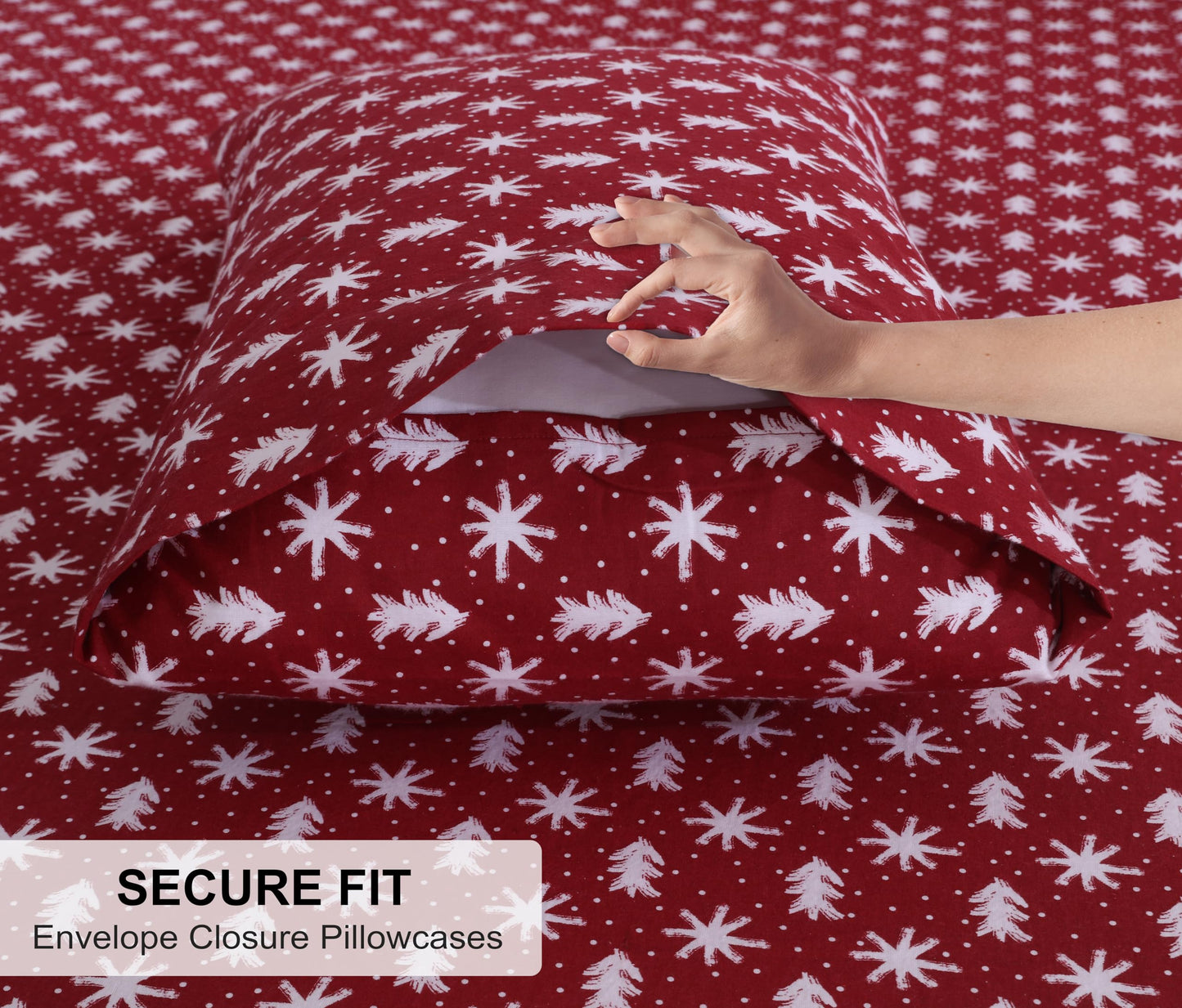 RUVANTI Flannel Sheets Queen Size - 100% Cotton Double Brushed Bed Sheets, Deep Pockets 16 Inches Queen Sheet Set, All Seasons Breathable & Extra Soft - Warm & Cozy, 4 Piece, Red Christmas