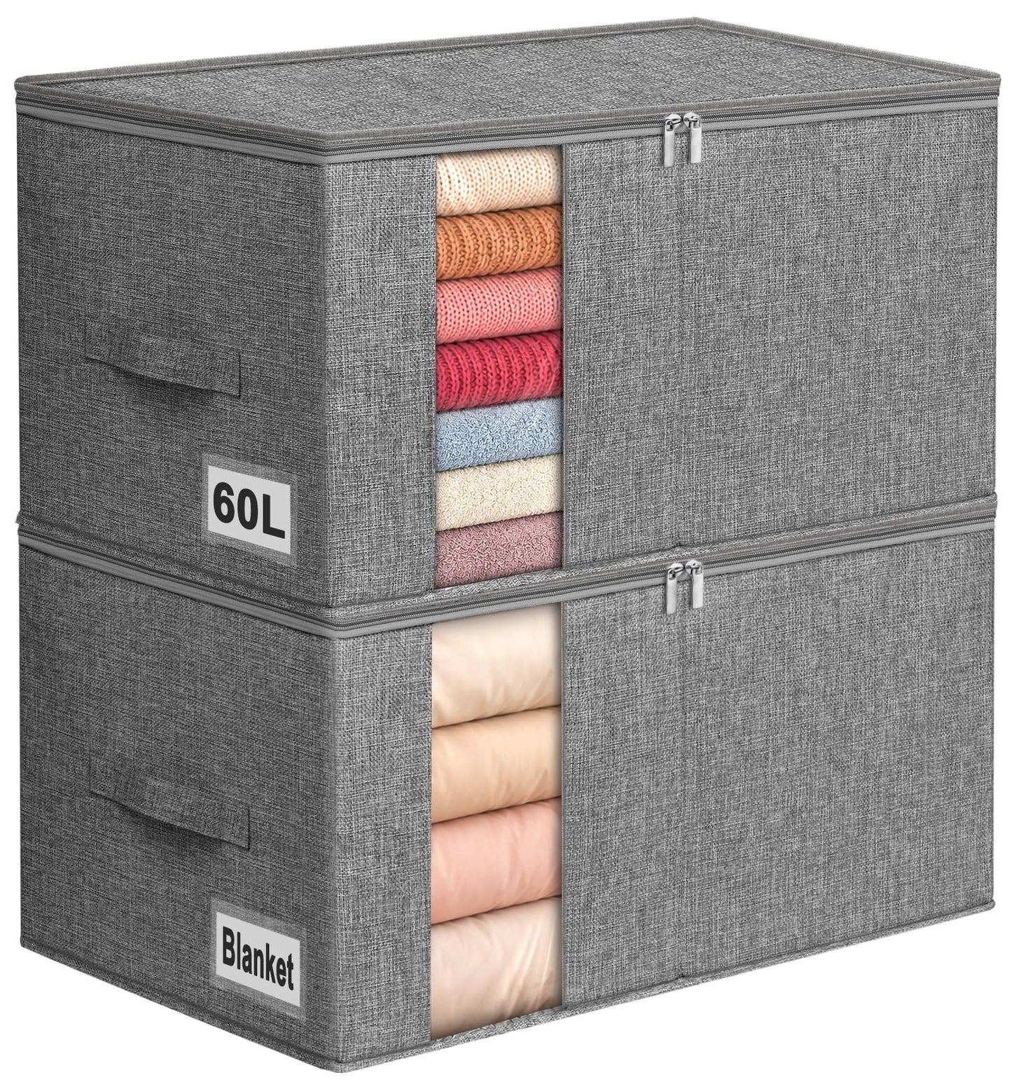 boailydi 60L Blanket/Comforter Storage Bag w/Rigid Side & Bottom Support, Stackable Clothes Storage Bin for Sweaters Bedding Sets Quilts Pillows, Closet Organizer, 21.7x14.2x11.8in, 2 Pack, Gray