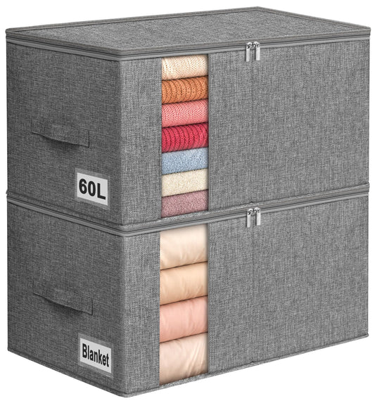 boailydi 60L Blanket/Comforter Storage Bag w/Rigid Side & Bottom Support, Stackable Clothes Storage Bin for Sweaters Bedding Sets Quilts Pillows, Closet Organizer, 21.7x14.2x11.8in, 2 Pack, Gray