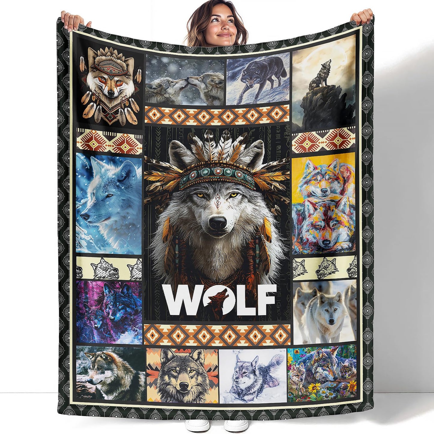 XSMEI Wolf Throw Blanket, Wild Animal Tribal Design, Soft Cozy Fleece Blanket for Couch Bed, 60 x 80 Inches