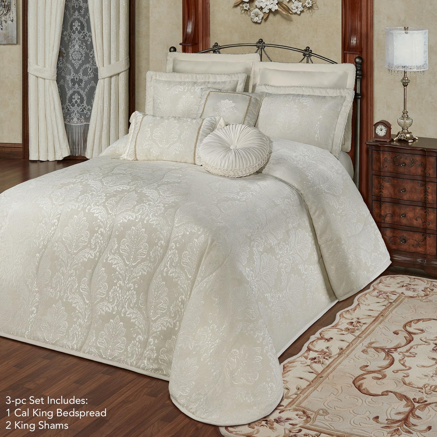 Touch of Class Camelot Luxury Bedding | Neutral Soothing Ivory | Matte Satin Damask on Richly Textured Jacquard-Woven Chenille | Designed 3 Piece Set Includes Cal King Bedspread and 2 King Shams