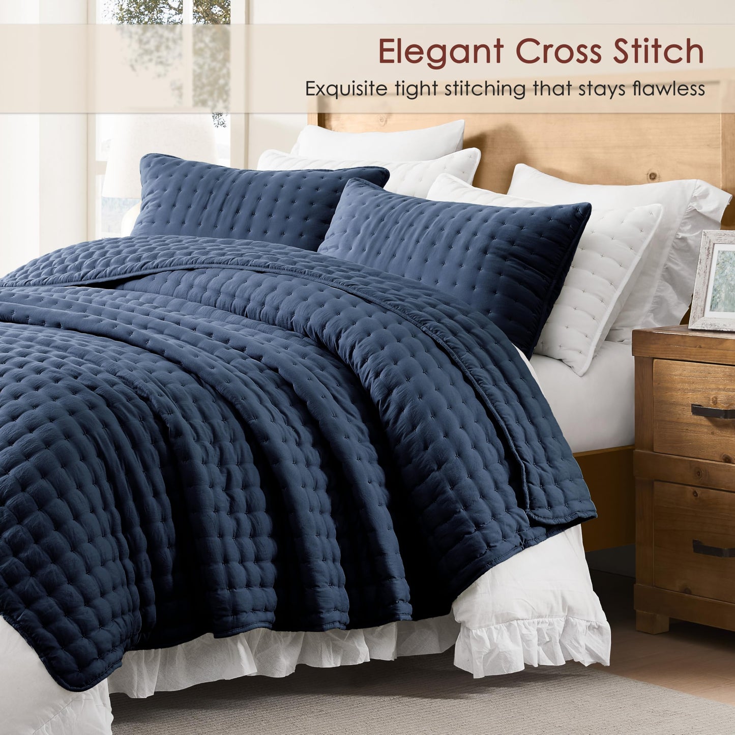 WDCOZY Navy Blue Queen Size Quilt Bedding Sets with Pillow Shams, Lightweight Soft Bedspread Coverlet, Quilted Blanket Thin Comforter Bed Cover, All Season Summer Spring, 3 Pieces, 90x90 inches