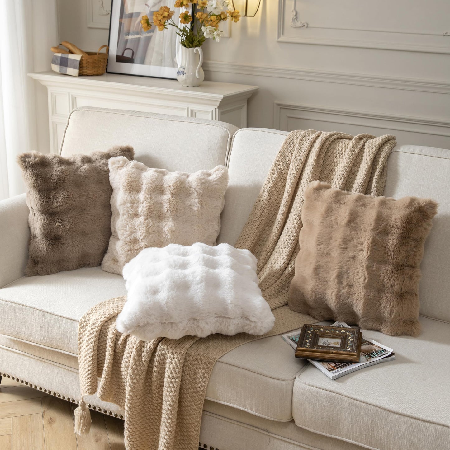 Joyouth Pack of 2 Thick Plush Throw Pillow Covers Fluffy Wave Faux Fur Decorative Cushion Covers Soft Wool Pillowcase for Sofa Couch Livingroom 16x16 Inch Beige