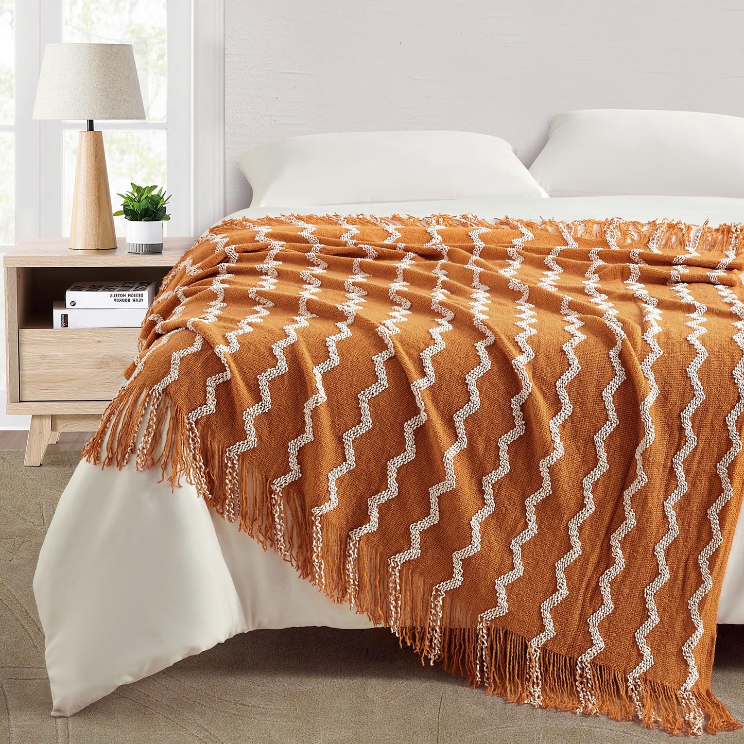 BOURINA Fluffy Chenille Knitted Fringe Throw Blanket Lightweight Soft Cozy for Bed Sofa Chair Throw Blankets, Orange 50" x 60"