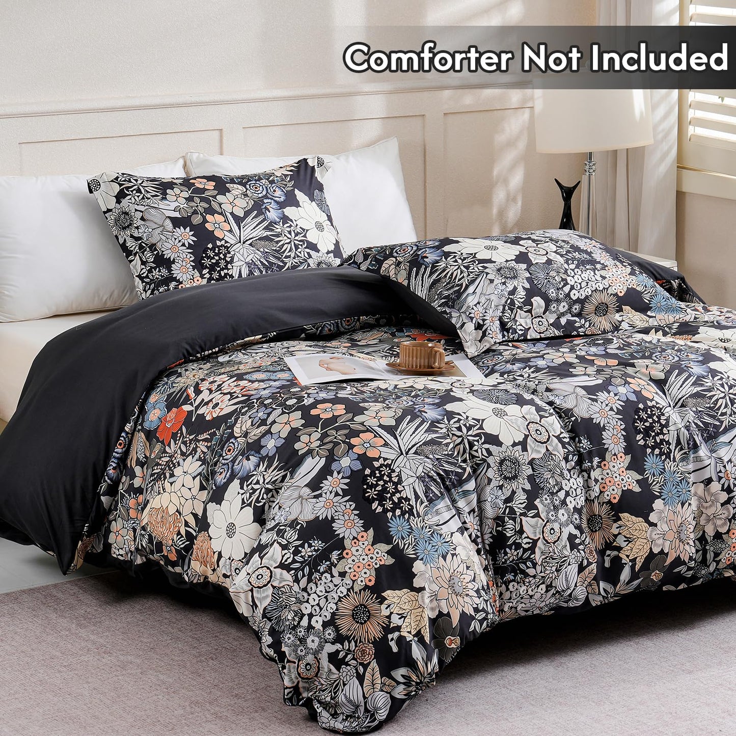 LONAVA Queen Flower 3 Pcs Duvet Cover Set, Breathable Soft Microfiber Black Lining Comforter Cover with Zipper Closure, and 2 Anti-Pilling, Fade Resistant Pillowcases, Midnight Blossoms
