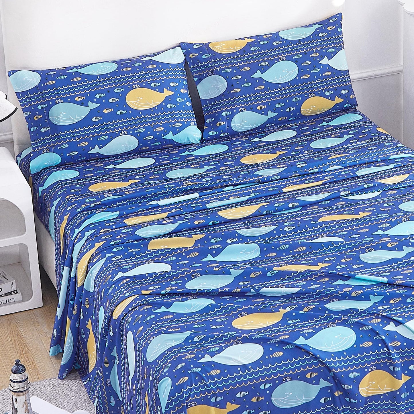 CozySmile Twin Sheet Set Kids,3 Pieces Breathable Soft Microfiber Bedsheets for Child Boys Girls, Oeko-TEX, Anti Pilling Deep Pockets Easy Care Bed Sheets, Whale