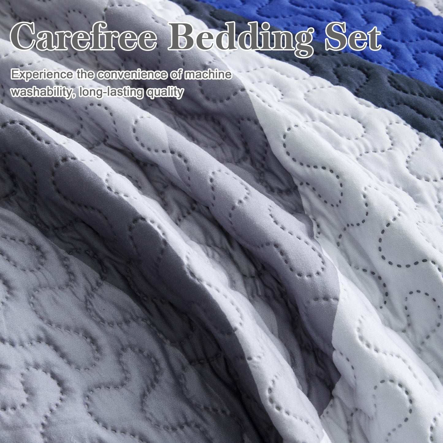 weesire Quilt Bedding King Size Comforter Set Blue Stripe Bedspreads with 2 Shams, Modern Pattern Lightweight Breathable Coverlet, 96''X106''