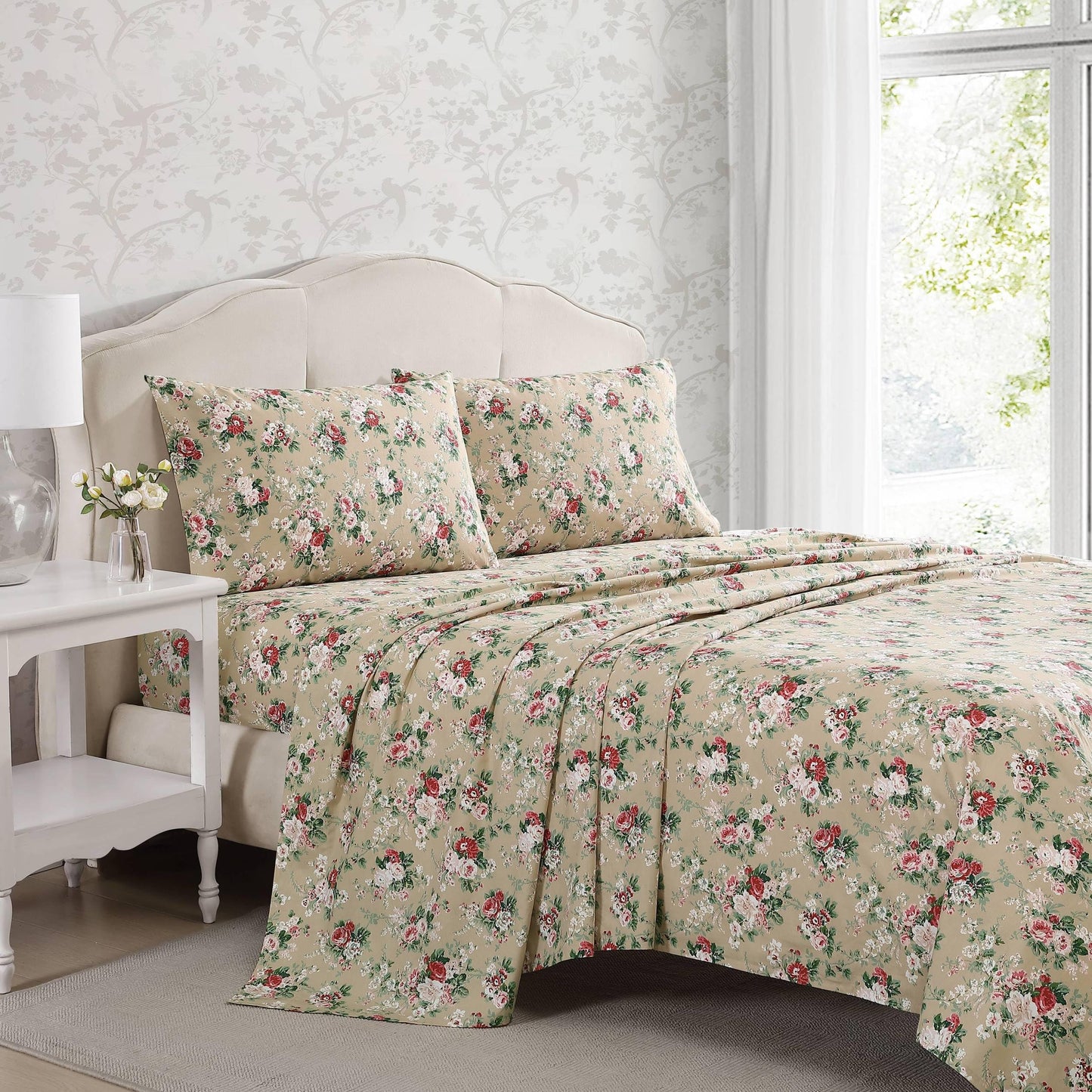 Laura Ashley – Twin Size Sheet Set, Crisp & Lightweight Cotton Percale Bedding with Fitted Sheet and Pillowcase, Floral Room Decor, Deep Pocket, College Dorm Room Essentials (Ashfield Beige)