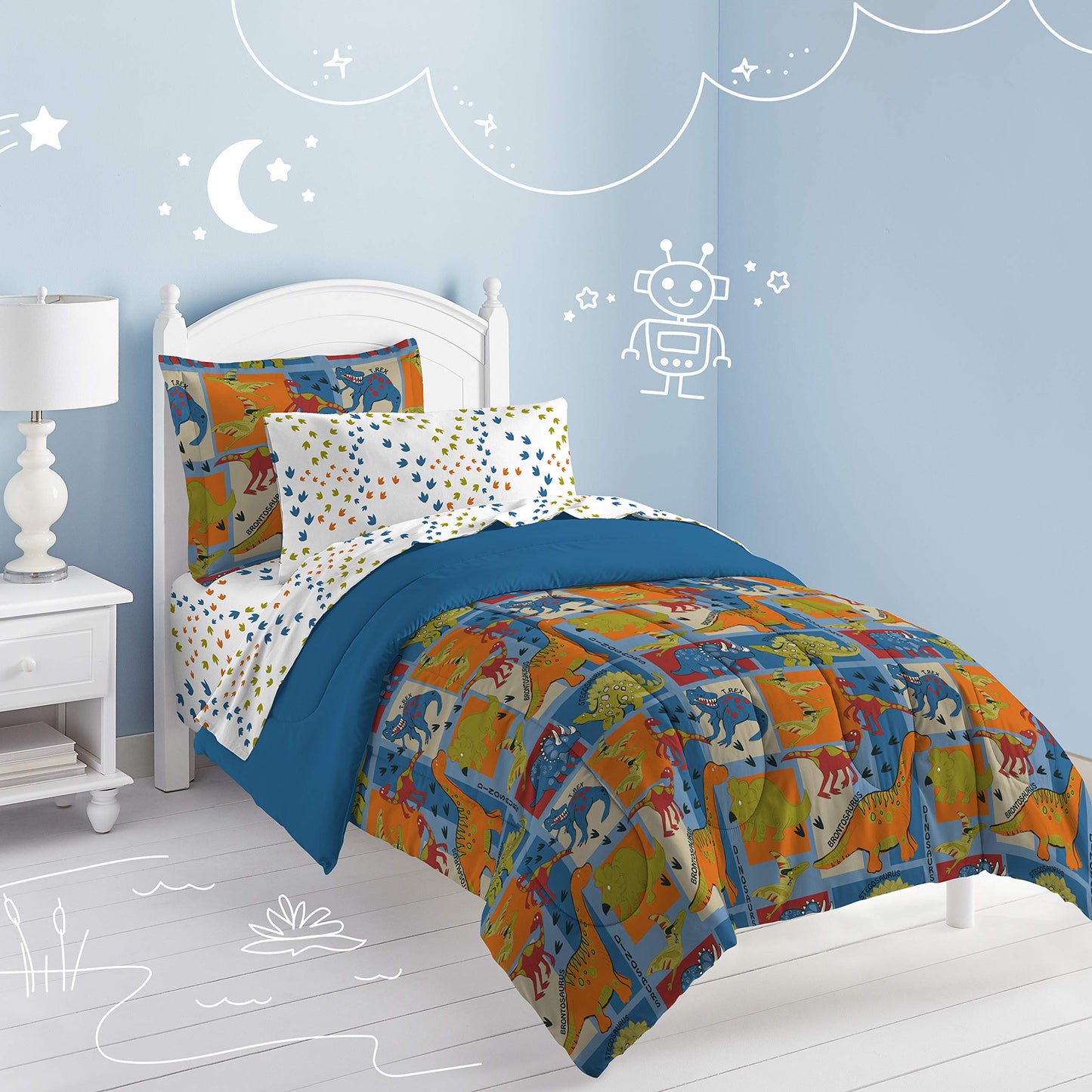 Dream Factory Dinosaur Blocks Ultra Soft Microfiber Boys Comforter Set, Blue, Twin