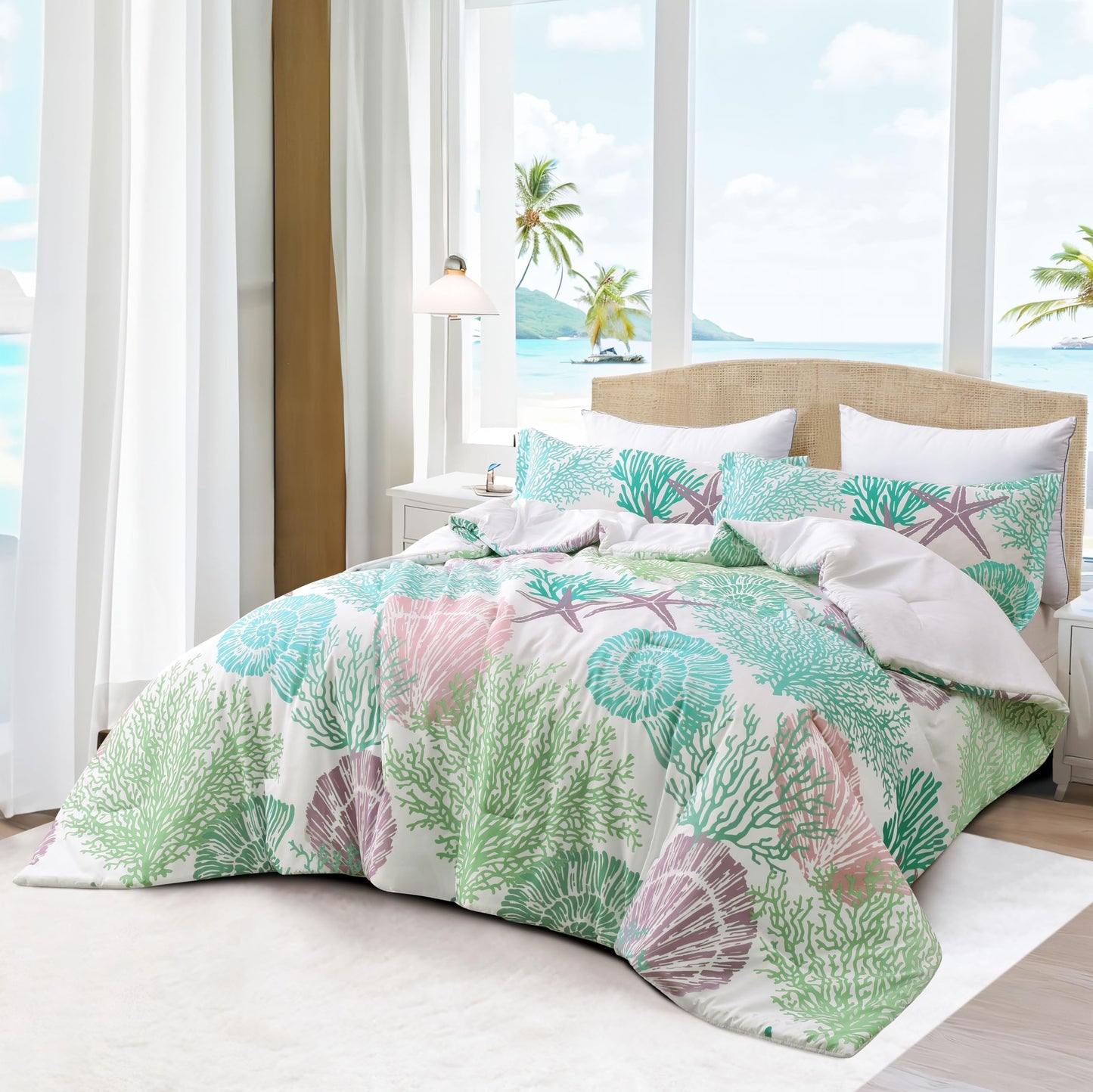 Tritard Coastal Comforter Set King Size 3 Piece, Soft Beach Themed Comforter, Ocean Nautical Lightweight Bedding Sets for All Seasons, (1 Reversible Comforter and 2 Pillow Shams), 104''x90'', C5