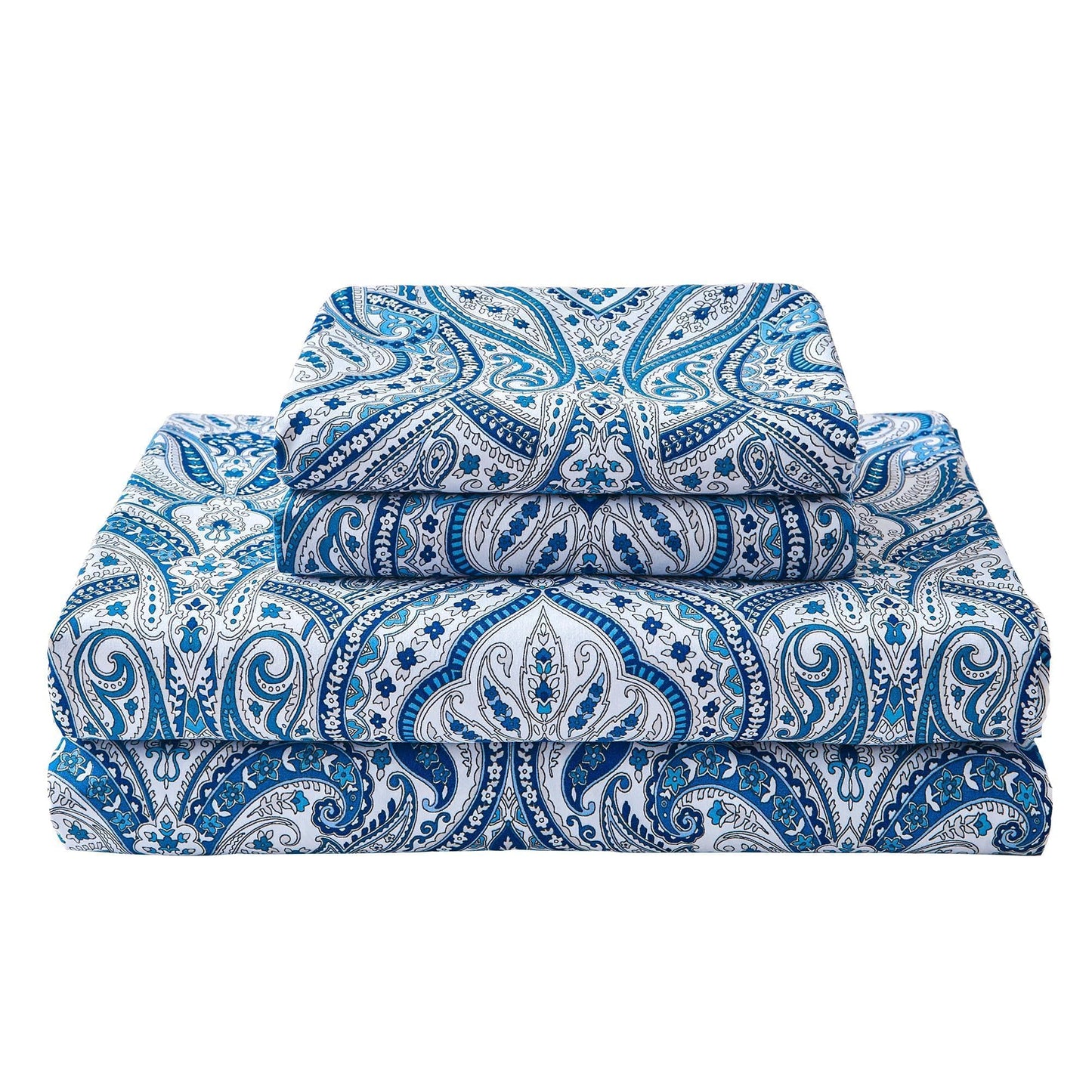 Softan Blue Paisley Printed Queen Size Sheet Set, Blue Floral Sheets Queen, Cozy Microfiber Fitted Sheet with 15" Deep Pocket & Non-Slip Straps, Flower Patterned Sheets & Pillowcase Sets