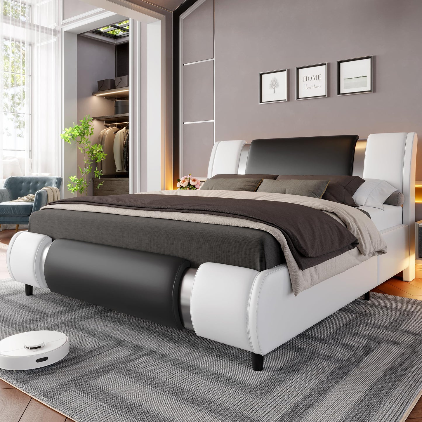 Keyluv Modern Queen Size Bed Frame with Mirror Metal Decoration, Faux Leather Upholstered Platform Bed with Curved Headboard, Wooden Slats Support, No Box Spring Needed, WhiteBlack