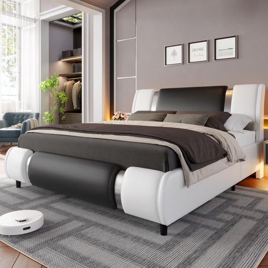 Keyluv Modern Queen Size Bed Frame with Mirror Metal Decoration, Faux Leather Upholstered Platform Bed with Curved Headboard, Wooden Slats Support, No Box Spring Needed, WhiteBlack