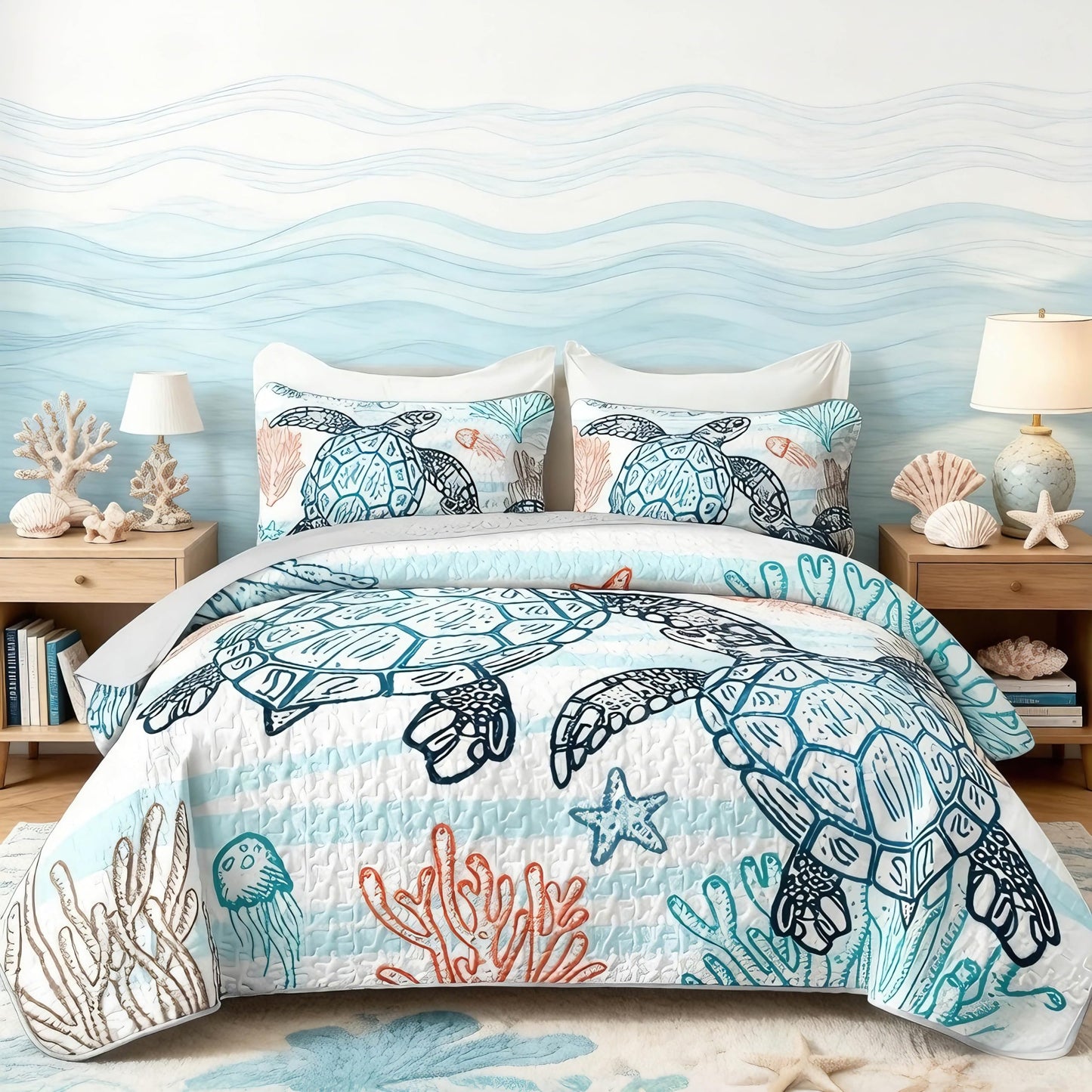 HOSIMA Sea Turtle Queen Size Bedding Set,Corals Jellyfish Starfish Pattern Lightweight Quilt,Ocean Themed Bedding for Beachy Room Decor Aesthetic with 2 Pillowcases.