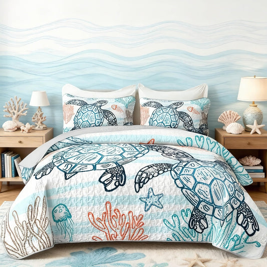 HOSIMA Sea Turtle Queen Size Bedding Set,Corals Jellyfish Starfish Pattern Lightweight Quilt,Ocean Themed Bedding for Beachy Room Decor Aesthetic with 2 Pillowcases.