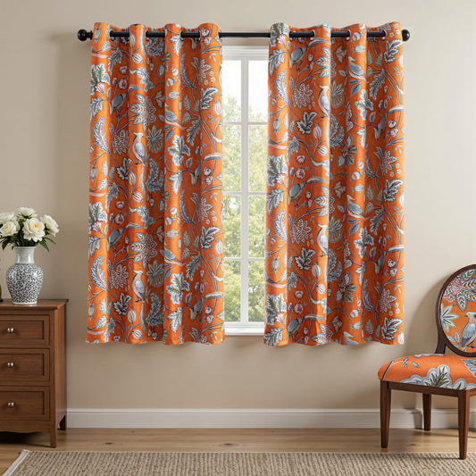 MYSKY HOME Floral Boho Blackout Curtains for Living Room Bedroom 63 inch Long Vintage Curtains with Patterned Bird Design Thermal Insulated Grommet Drapes for Home Decor,2 Panels, 52"x 63",Orange