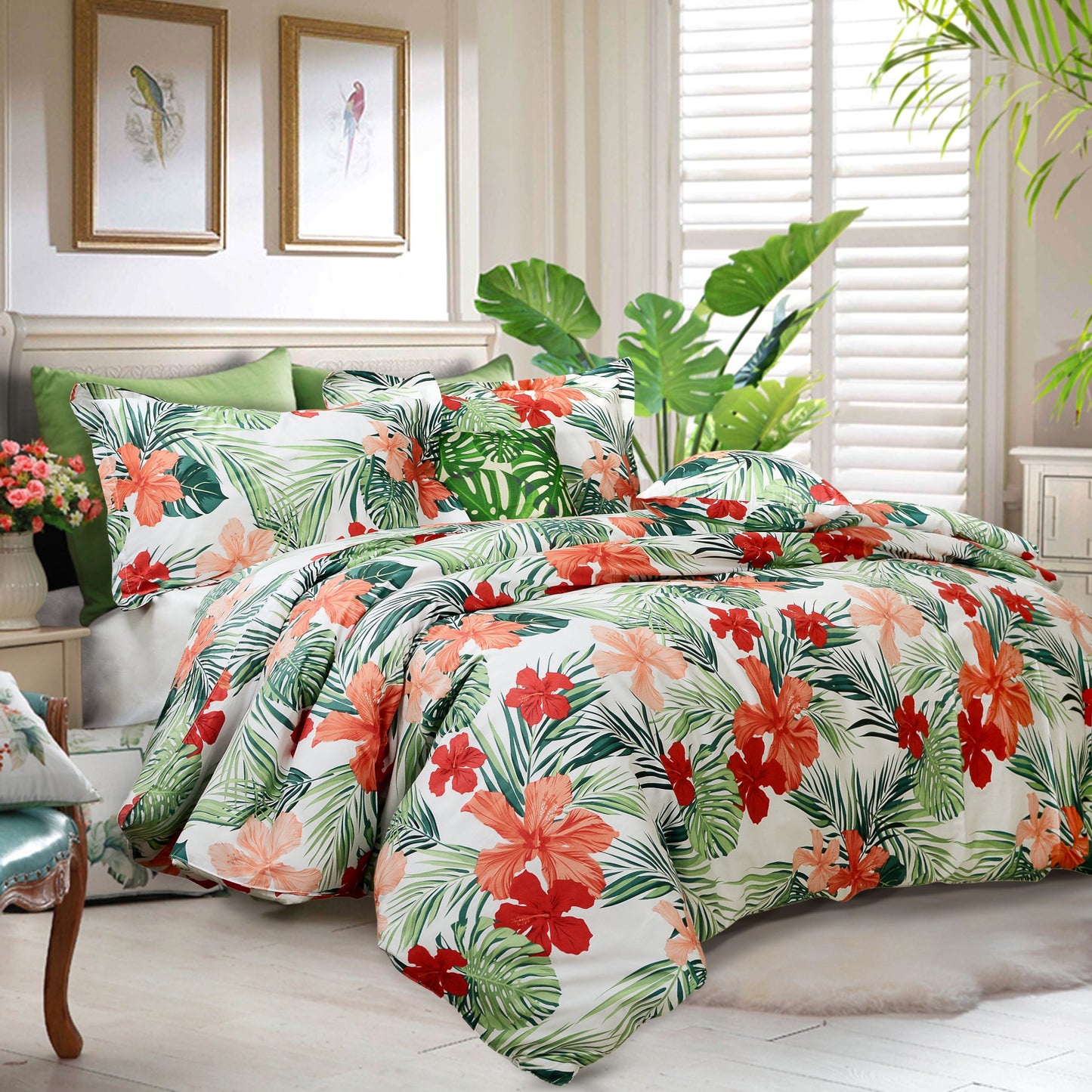 FADFAY Green Duvet Cover 100% Cotton Tropical Bedding Red Hibiscus Flower & Forest Green Palm Leaves Plants Watercolor Printed Zipper Closure Soft Breathable Girls Floral Bedding Set 3 Pcs, Full