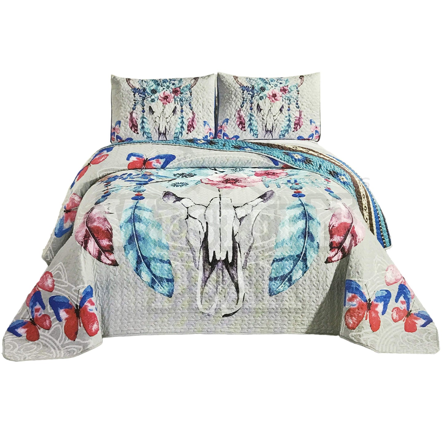Western Peak Bull Skull Native Tribal Feather Artisan Southwestern Boho Design Quilt Bedding Set with Pillows (3 Piece Set, Queen)