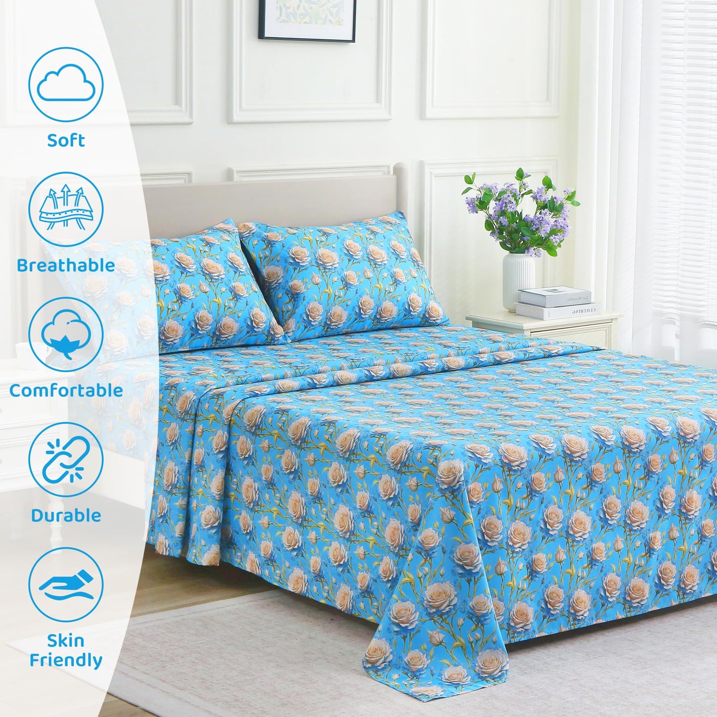 Mooreeke Cozy Floral Microfiber Printed Twin Sheet Set - Soft & Breathable 3D Rose Bed Sheets with Deep Pocket - Non-Slip Fitted Design - Blue White Rose Pattern - Full