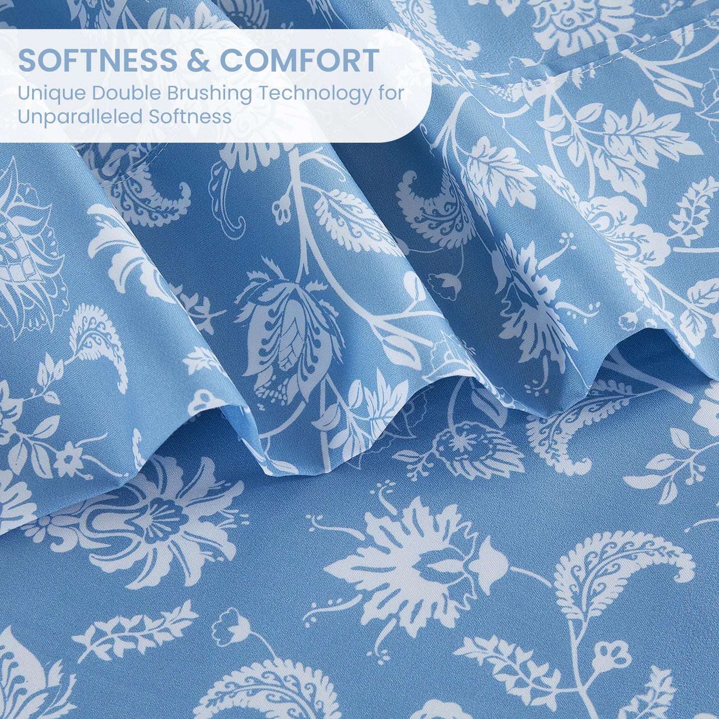 Mooreeke Cozy Vintage Microfiber Printed Queen Sheet Set - Soft & Breathable Percale Blue Paisley Bed Sheets with Extra Deep Pocket - Non-Slip Fitted Design - Blue Flower Pattern - Queen