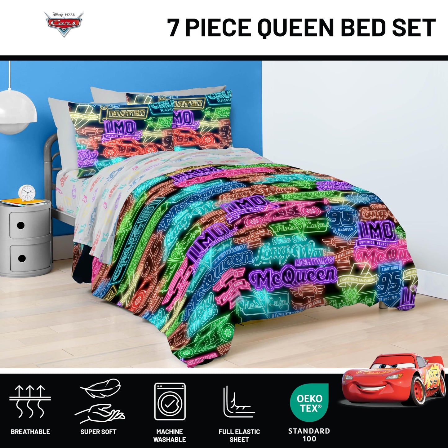 Jay Franco Kids Bed Set, Black, Cars, 7 Piece Queen